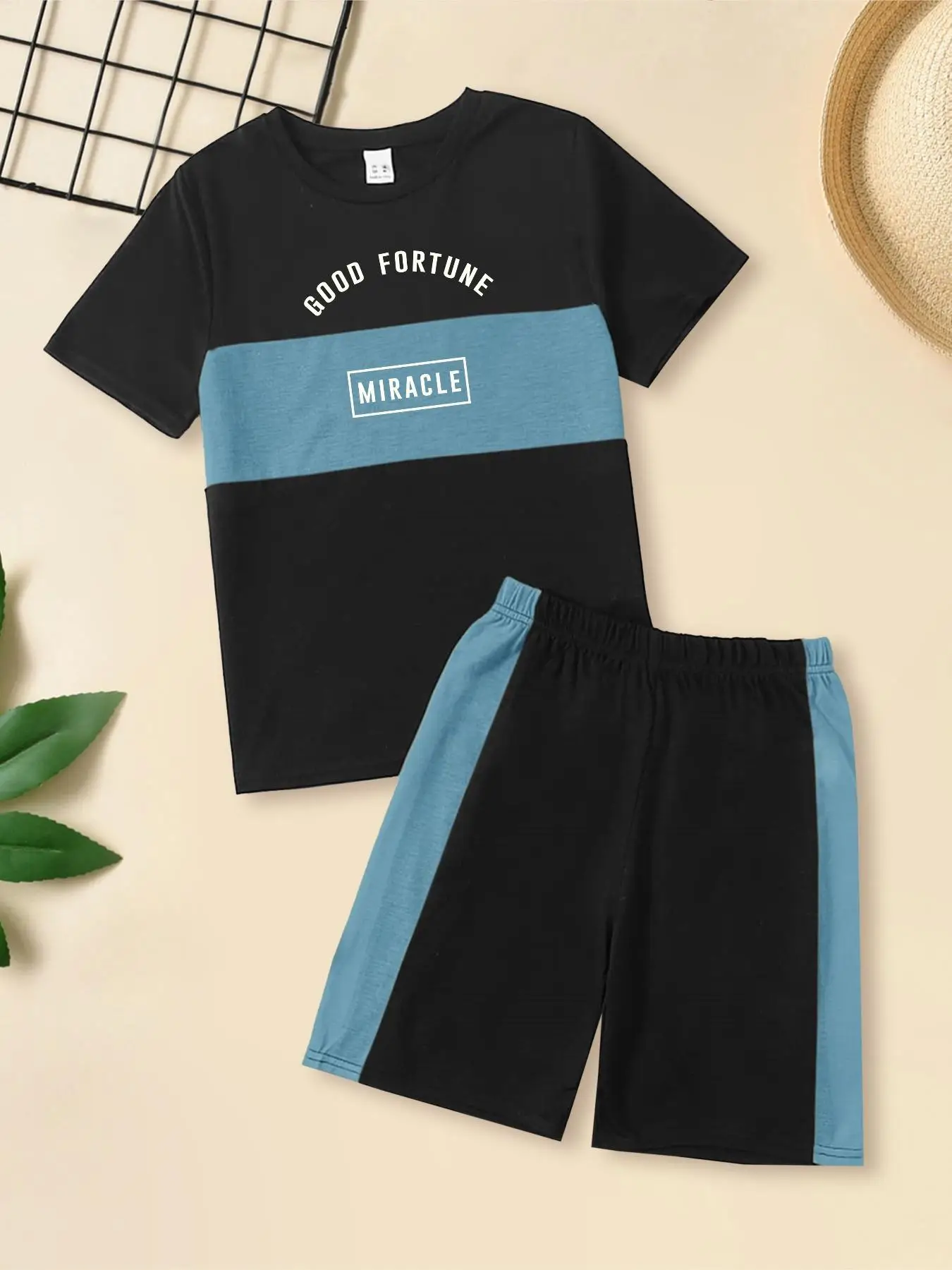 Boy's Colorblock Letter Print Tee & Elastic Waist Shorts Two-Piece Set, Casual Short Sleeve Round Neck T-shirt & Side Stripe Shorts, Summer Clothes fo