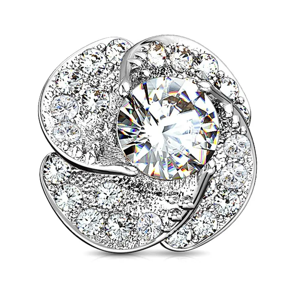 Fifth Cue 14G CZ Paved & Round CZ Center Dermal Top Rose Blossom Surgical Steel
