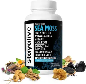 STAY ALIVE Sea Moss Capsules, 23-in-1 Blend with Black Seed Oil, Ashwagandha & Bladderwrack, 60 Pills, Non-GMO & Gluten-Free Seamoss Supplement