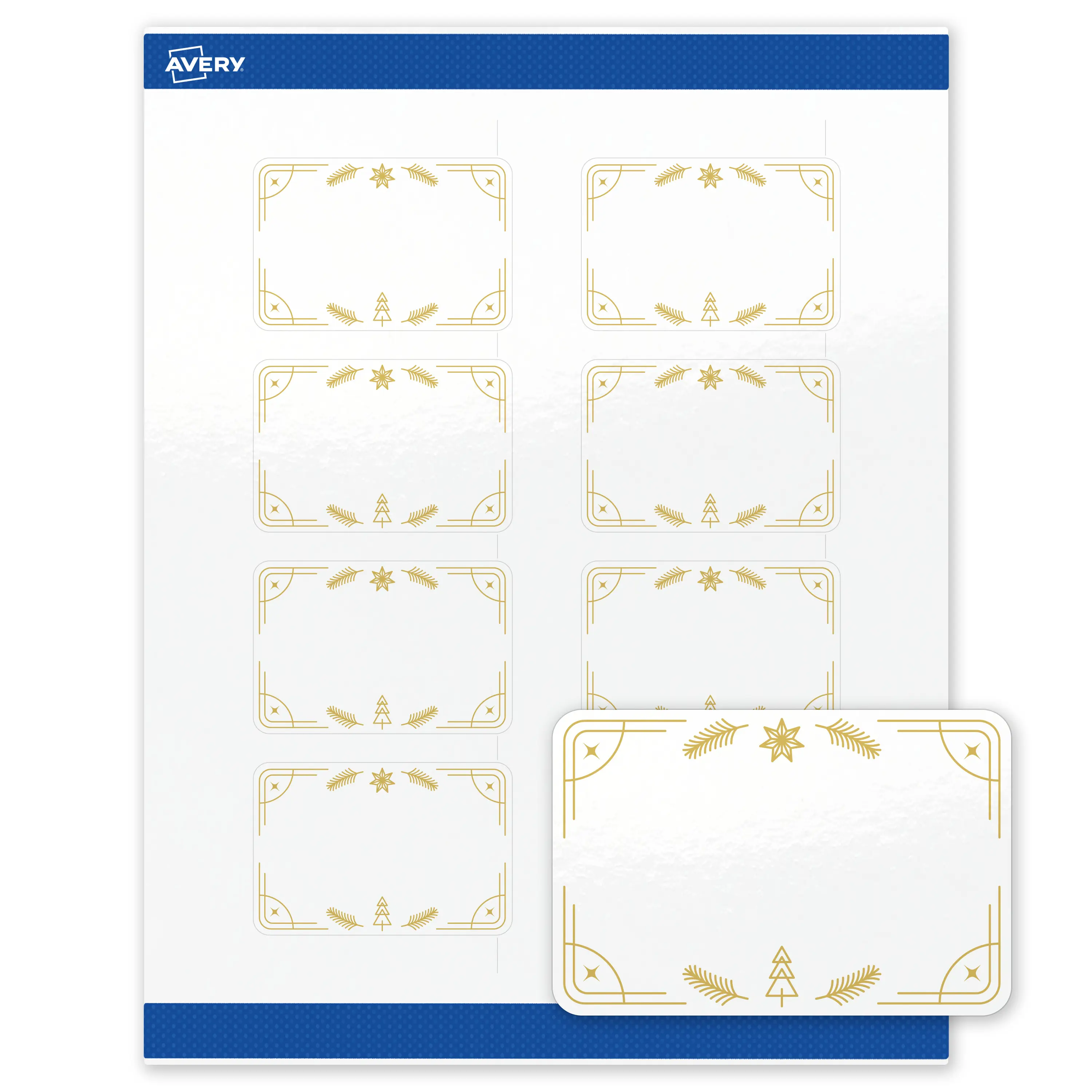 Avery® Printable Christmas Labels with Sure Feed® Technology, Rectangle, 2" x 3", Pre-Printed Metallic Gold Christmas Trees Design, Glossy White, Laser & Inkjet Compatible, 80 Total