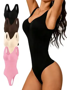 Women's Seamless V-Neck Shapewear Bodysuit, Sleeveless Waist Cincher, Invisible Padded Shapewear, Full Body Tummy Control, Fashionable Bralette