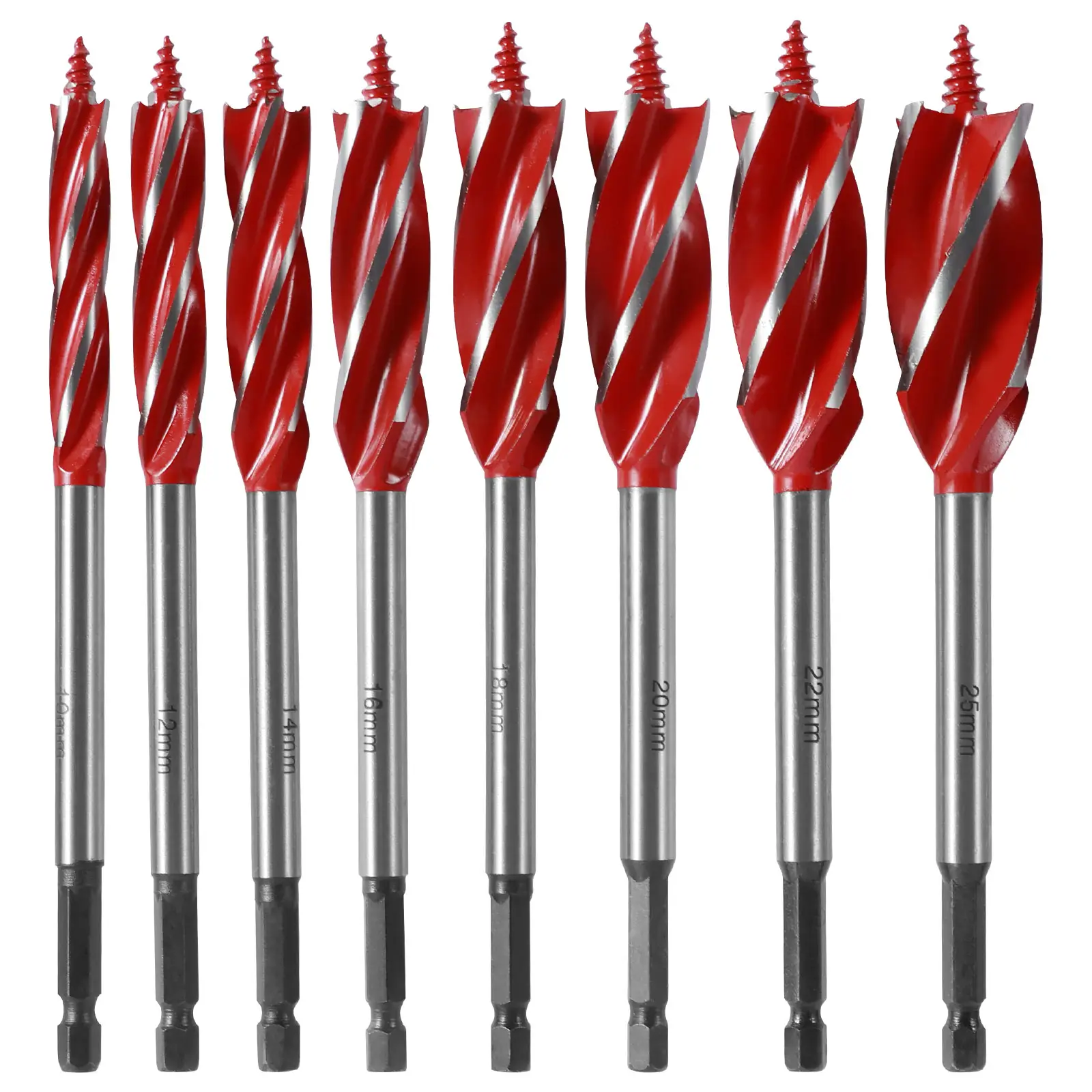 GORWARE 8 Counts Wood Auger Drill Bit Set High-Carbon Steel 4 Flute Cut Drilling Bit Kit 10-25mm Self-Tapping Hex Shank Wood Hole Drill Bit Precise Wo