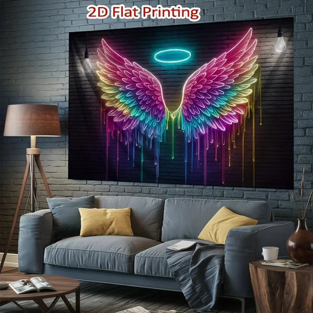1PC Polyester 2D Flat Neon Angel Wings Print Tapestry - Decorative Wall Hanging, Happy Birthday Event Backdrop for Live Streaming & Home Decor