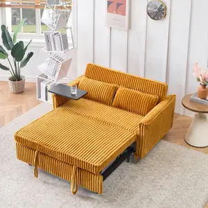 Sofa Bed,Free small table board,The pull-out and push-in yellow  corduroy sofa with dual functions, equipped with a movable tabletop and USB ports, is suitable for use in living rooms and bedrooms.