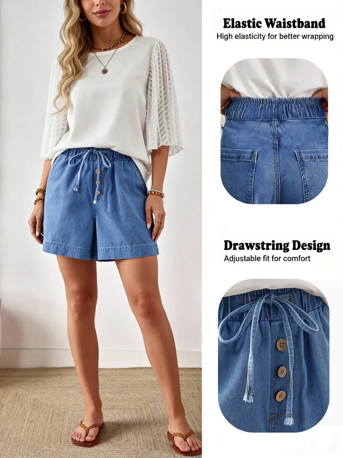 Women's Casual Drawstring Denim Shorts, Casual Waist Shorts, Lady Womenswear Multi-Button Design, Loose-Fitting, Perfect for Everyday Office Commute Parties Dates Leisure Bottom, Fitted, Garment