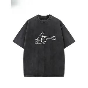 "Pew Pew!" Creative Pattern Printing Heavy 230g Pure Cotton Oversized Drop Shoulder T-Shirt Washed T-Shirt Men'S Retro Street T-Shirt Basic T-Shirt Loose Hip-Hop Unisex Top Acid Wash T-Shirt