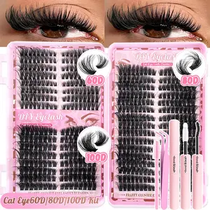 Large capacity Lash Clusters Cat Eye, False Eyelashes, Fluffy60D+ 80D+100D Mixed Curl Clusters with Soft Comfortable Durable Support, 2-in-1 Lash Glue Included + Brush & Tweezers Tool Set in Portable Travel Case for Stage/Party Use – Easy to Apply Even