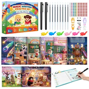 Motor Magic Happy Writer System - Magic Grooved Handwriting Practice for Kids Ages 3-8, 8 Book Reusable Workbooks, 3D Calligraphy Writing Set with Disappearing Ink, Little Explorer Preschool Learning
