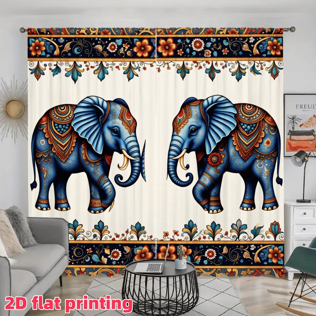 2D Flat 2Pcs Indian Mandala Elephant Curtain Panels, Bohemian Style Floral Printed Window Drapes, Rod Pocket Curtains for Living Room Bedroom Kitchen Home Decor, Semi-Sunshade, Anti-Privacy, Accessory .