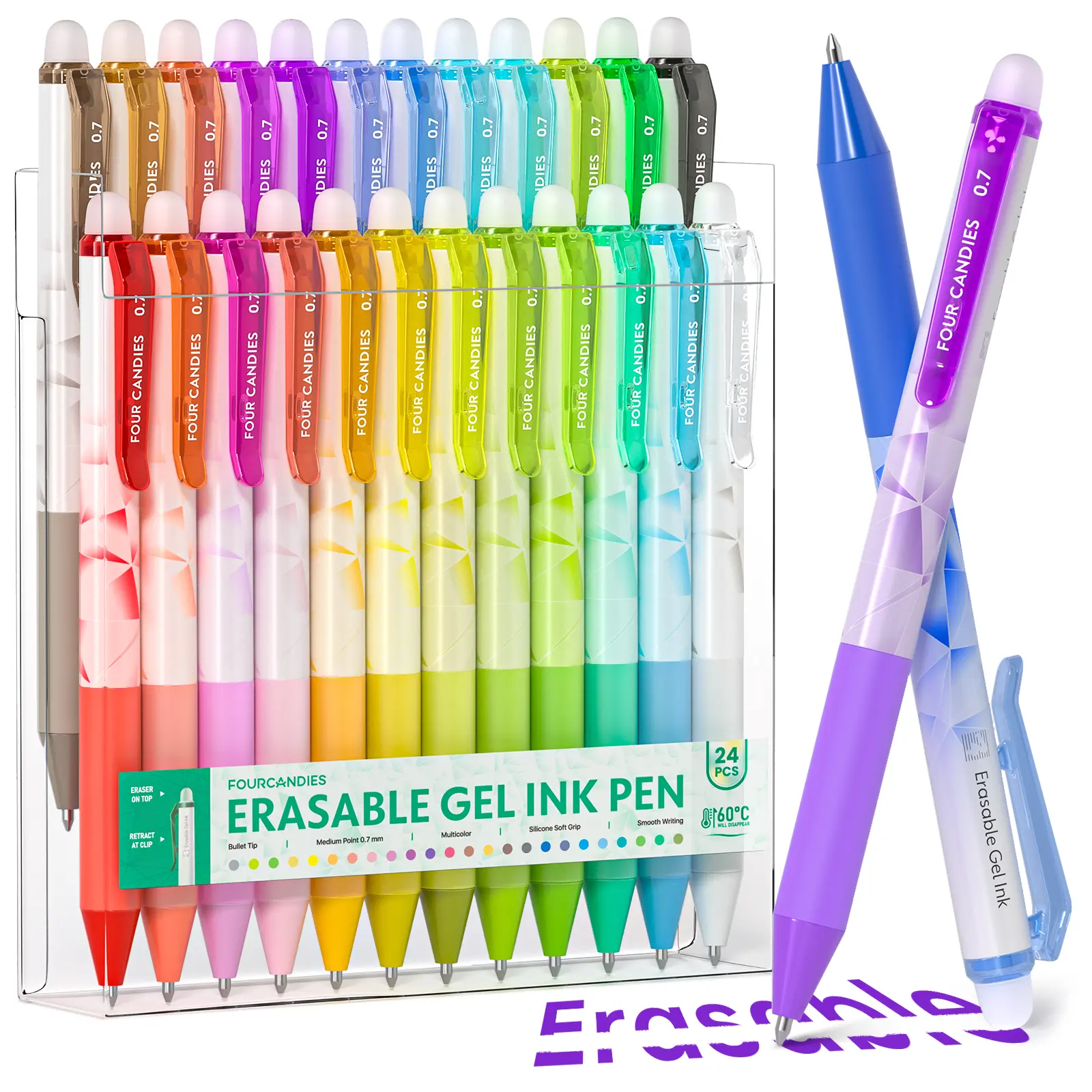 【back to school shopping supplies】Four Candies Erasable Gel Pens, 0.7 mm Fine Point Pens, 24 Assorted Colors | Make Mistakes Disappear, Erasable Pens Multicolor, Retractable Erasable Pens for School, Journaling & Office Writing