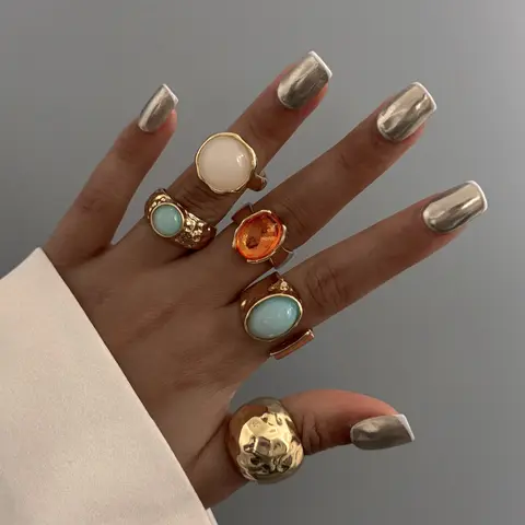 Vintage Fashion Geometric Pattern Jade Inlay Alloy Material Ring Set, Women's Rings, Daily Wear and Party Jewelry, Gift Set