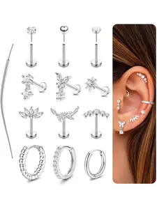 Helix Piercing Jewellery Surgical Steel Tragus Earrings Set Threadless Push In Flat Back Earrings Labret Nose Stud Cartilage Earring Hoops Silver Gold Conch Daith Tragus Piercing Jewellery