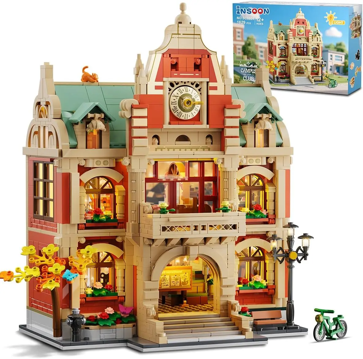 HOGOKIDS 1629PCS University Club House Collector Building Set with Lights, City Campus Architecture Model Including Painting, Drama, Baking, Music Clubs, Home Decor Gift for Adults 12+, Collector Set