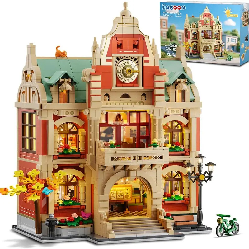 HOGOKIDS 1629PCS University Club House Collector Building Set with Lights, City Campus Architecture Model Including Painting, Drama, Baking, Music Clubs, Home Decor Gift for Adults 12+, Collector Set