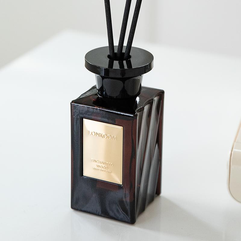 ENCHANTED Woody Reed Diffuser Set 5 oz (150ml) Oriental Woody Scented Diffuser with Sticks Home Fragrance for Bathroom Shelf Decor by lonkoom Aroma Floral Gift Oil Freshener Flower