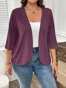 Plus Size Women's Asymmetrical Hem Cardigan, Solid Color Casual Vacation Jacket, Fall Fashion Knit Sweater for Ladies