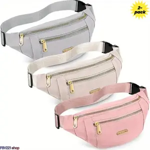3-Pack Multi-Pocket Nylon Fanny Packs, Adjustable Waist Belt Bags with Gold Zippers, Unisex Crossbody Sling Bags for Travel, Sports
