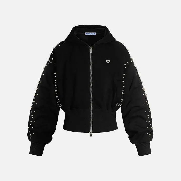 Aelfric Eden Pearl Studded Cropped Zip Up Hoodie Balloon Sleeve Oversized Fit Y2K Streetwear Casual Hoodie for Women