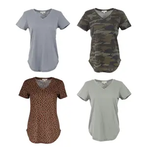 Urban Diction Slub Knit SEMI-SHEER Breathable 4 Pack Women's Loose V-Neck Stretch Short Sleeve T-Shirts Casual Top Womenswear