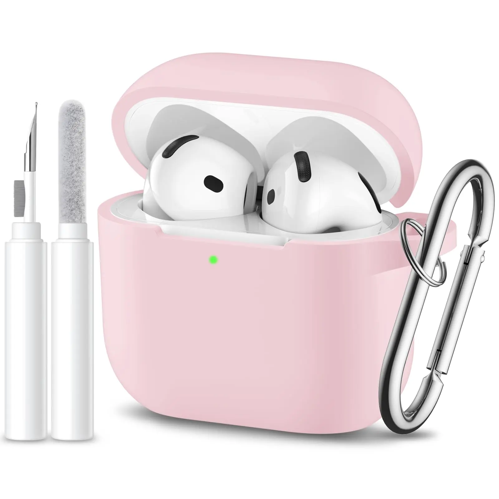 AirPods 4 and AirPods 5 Case Cover with 3-in-1 Cleaning Kit, Silicone Protective Case, Wireless Charging, Carabiner, Light Pink