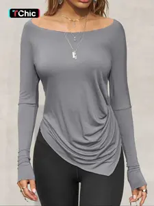 Women's Casual Slim-Fit Long Sleeve Knitted Top, Plain Pattern Daily Wear Tee Shirt, Thin Fabric Fall Season Clothing, Autumn