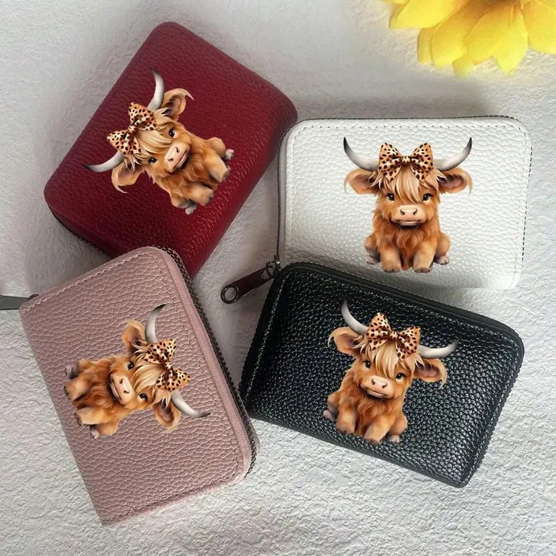 Highland Cow Print Card Holder, Cute Dog Design, PU Leather Zipper Wallet, Unisex Mini Wallet, Perfect Gift for Women, Teachers, Friends, Kawaii Wallet, Card Slots Wallet, Credit Cards Holder, Wallet with Zipper