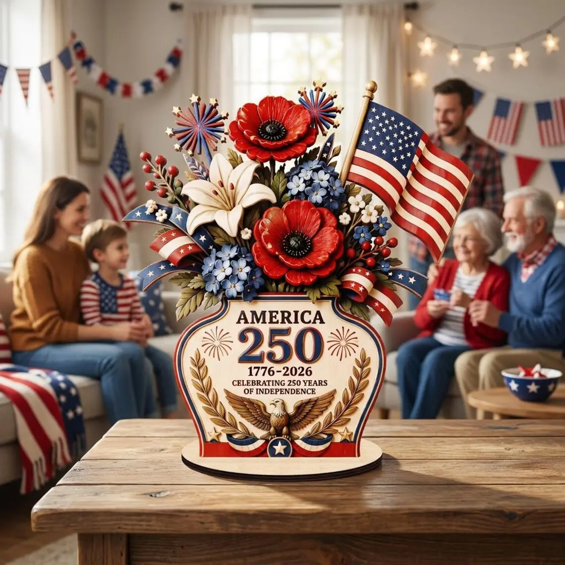 Personalized Patriotic Flower Wooden Standing, American Flag Floral Arrangement, Fourth Of July Centerpiece, USA Independence Day Decor