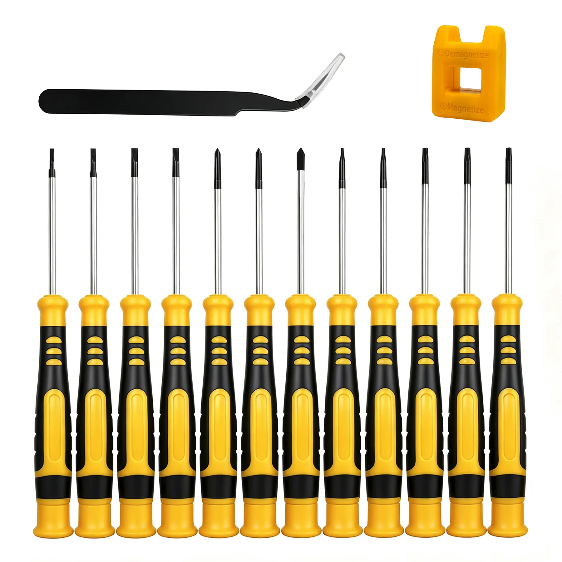 DARK DUCK 14-Piece Precision Screwdriver Set - Chrome Vanadium Steel, Magnetic Tips, Ergonomic Handles, Bonus Tweezers & Magnetizer, 1.5mm/2.0mm Sizes, 4 Flathead Screwdrivers for Electronics Repairs