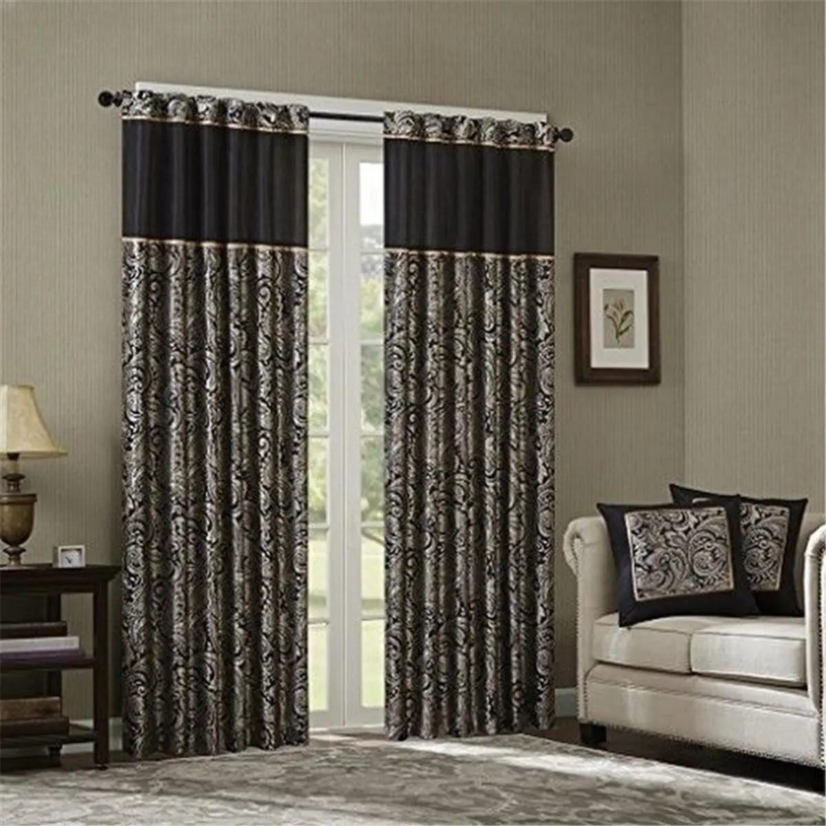 Madison Park MP40-2678 Classic Paisley Motif Polyester Jacquard Drape Style Curtains, 2-Panel Set with 3 in. Drapery Pocket, Easy Assembly, Black for Home Interior Window Decor