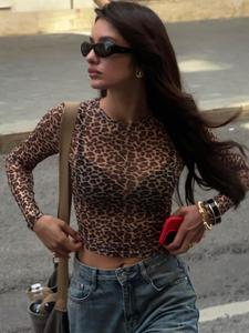 women's leopard print sheer crop tee, fashion casual crew neck long sleeve t-shirt for daily outdoor wear, women tops for spring fall