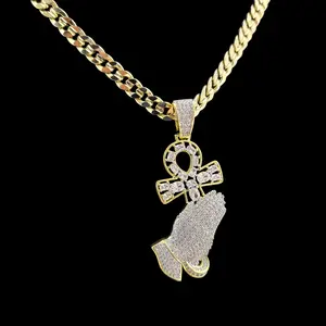 MaxBling81 AAA+ Brass Gold-Plated Ankh Cross Praying Hands High-End Simulated Diamond Pendant Charm with 5mm 20"/24" 14K Stamped Cuban Chain Necklace Jewelry