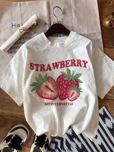 Women's Strawberry & Letter Print Round Neck Tee Top, Fashion Casual Crew Neck T-Shirt for Daily Holiday Vacation Outdoor Wear, Ladies Clothes for Summer