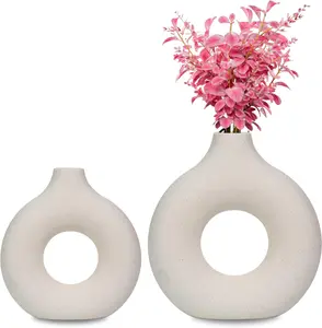 Ceramic Vases Donut Set of 2 Vases for Décor, White Vase for Modern Home Décor, Dining Table Decor, Nordic Minimalist Decor & Shelf Decor (Large and Medium) Decorative Porcelain Round Flowers Ornaments