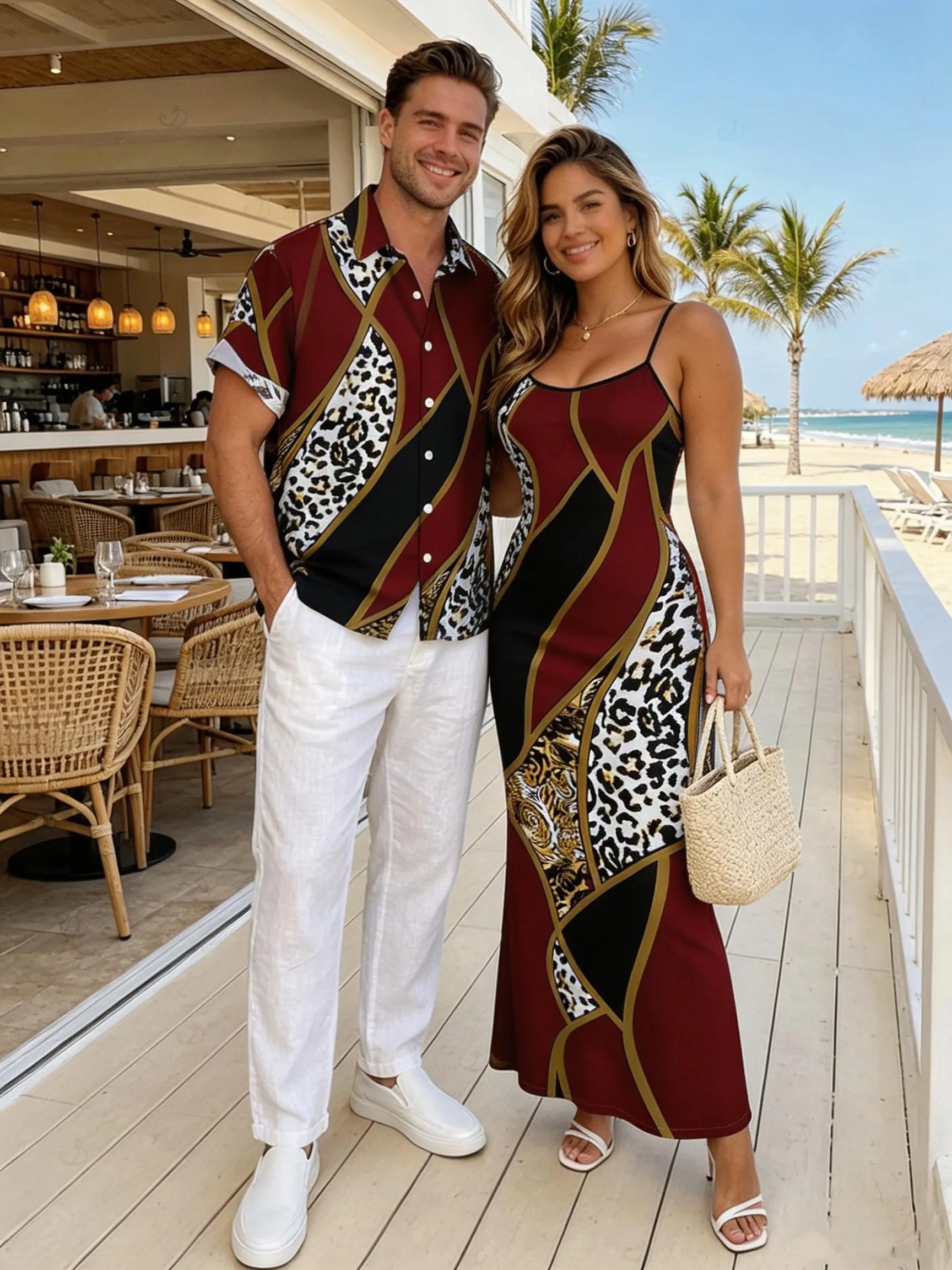 2026 Vacation Matching Couple Outfit Marble Fluid Swirl Tie Dye Print Short Sleeve Shirt & Women Bodycon Mermaid Maxi Dress Matching Set casual style