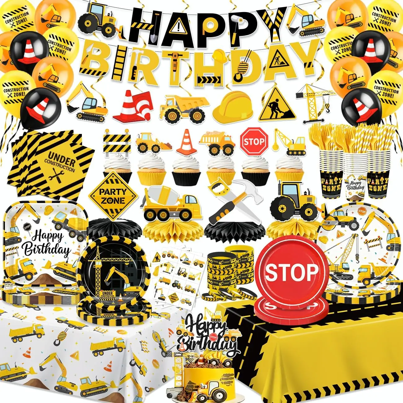 220Pcs Construction Birthday Party Supplies, All-in-1 Serve 26 | Construction Birthday Plates and Napkins Cups Honeycomb Tablecloth Banner for Boys Excavator Dump Truck Party Decorations
