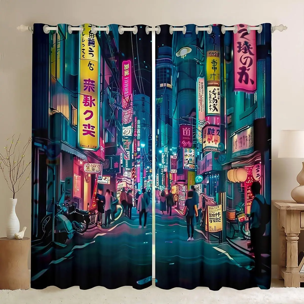 Japanese Art Blackout Curtains (2 Panels ) Tokyo Anime Darkening Drapes Japan Night City Curtains for Bedroom Living Room