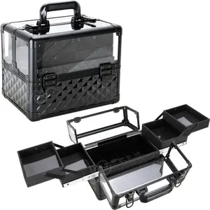 Ver Beauty Armored Acrylic Cosmetic Case Organizer Train Makeup Case with 4 Extendable Trays and Bottom Compartment Key and Lock (Black Diamond)