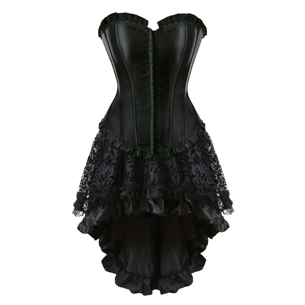 Women's 2-Piece Vintage Fairy Witch Satin Corset Set - Cropped Floral Lace-Up Overbust Push-Up Dress & Skirt, Victorian Princess Halloween Cosplay Shapewear (Black, Casual, Basic, Halter, Party, Thanksgiving)