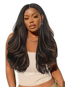 26 Inch Wavy Yaki U Part Wig, Mixed Synthetic V Part Half Wig for Women, Kinky Straight Wavy Long Glueless Half Wig, Easy Wear P1b/30, Synthetic Hair Wig