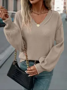 Elegant Women's Knitted Sweater, Pure Color V-Neck Long Sleeve Top, Versatile Spring & Fall, Perfect for Travel