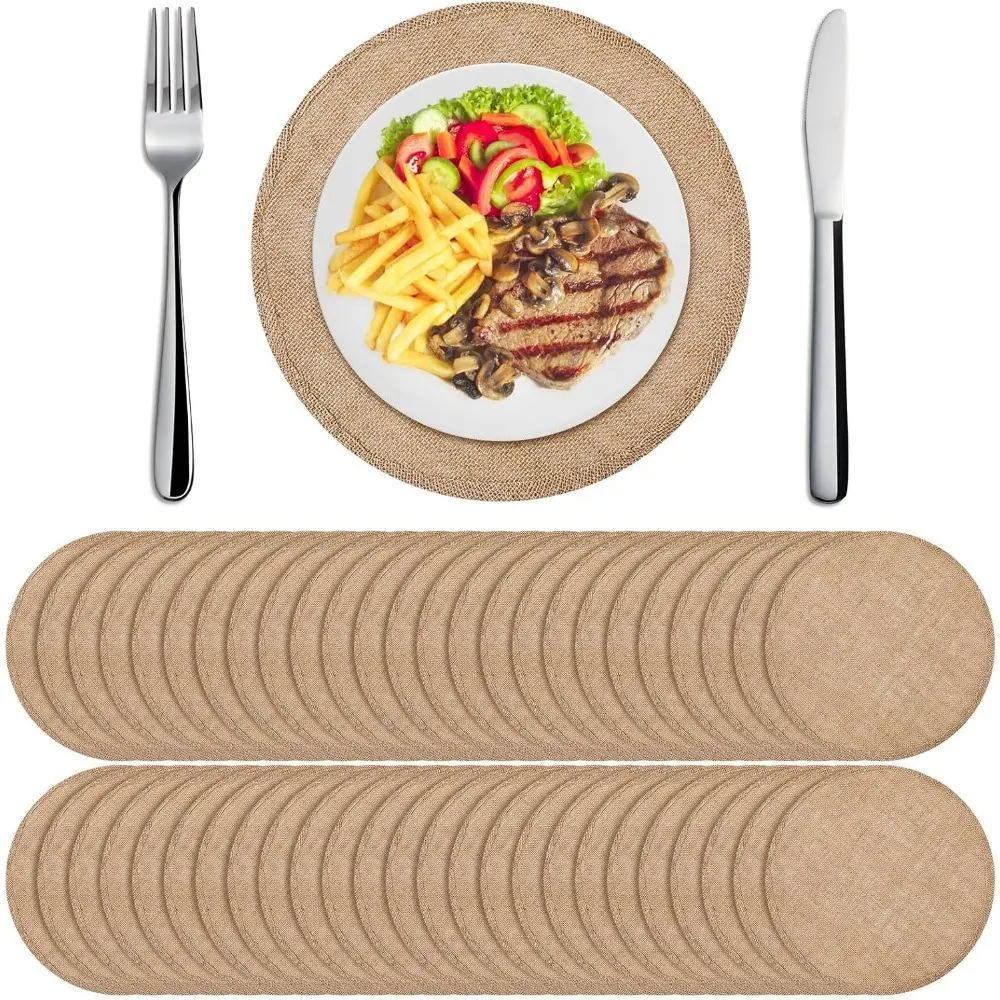 48-Pack Classic Brown Burlap Round Placemats (11.8 in) - Thick Jute, Heat-Resistant, Durable, Edge Banding Design Tableware Charger Mats for Birthday, Beach Occasions Dinnerware Use, Farmhouse