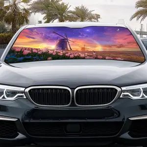 1pc Windmill Tulip Rainbow Windshield Sun Shade, Dutch Field Floral Sunset Wind Shade For Car Windshield Foldable, Portable for RV SUV, 54X27.5In Front Placement, UV Protection, Easy Installation, Car Interior Accessories, Car Accessory, Car Decor