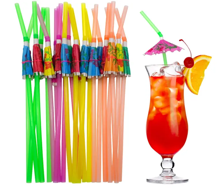 100-Pack Tropical Umbrella Drink Straws (9.45") – Vibrant Assorted Paper Parasol Straws for Cocktails, Milkshakes & Juice – Perfect for Flag Day, Luau, Hawaiian Beach Parties & Bar Decor