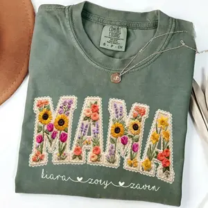Comfort Colors Personalized Mama T-Shirt, With Kids Names Faux Embroidery Effect Mama, Gift For Mothers Day, Custom Mom Gift,Not Real Embroidery