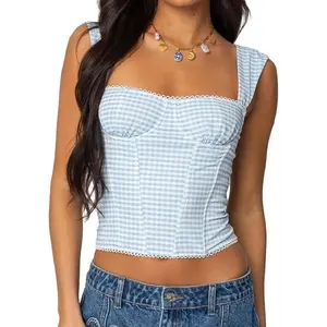 Gingham Peplum Corset Top,Women Y2k Gingham Tank Top Square Neck Lace Trim Plaid Camisole Spaghetti Strap Going Out Crop Corset Cami Tops,Shirt Button Up Tie Shoulder Slim Straps Camisole