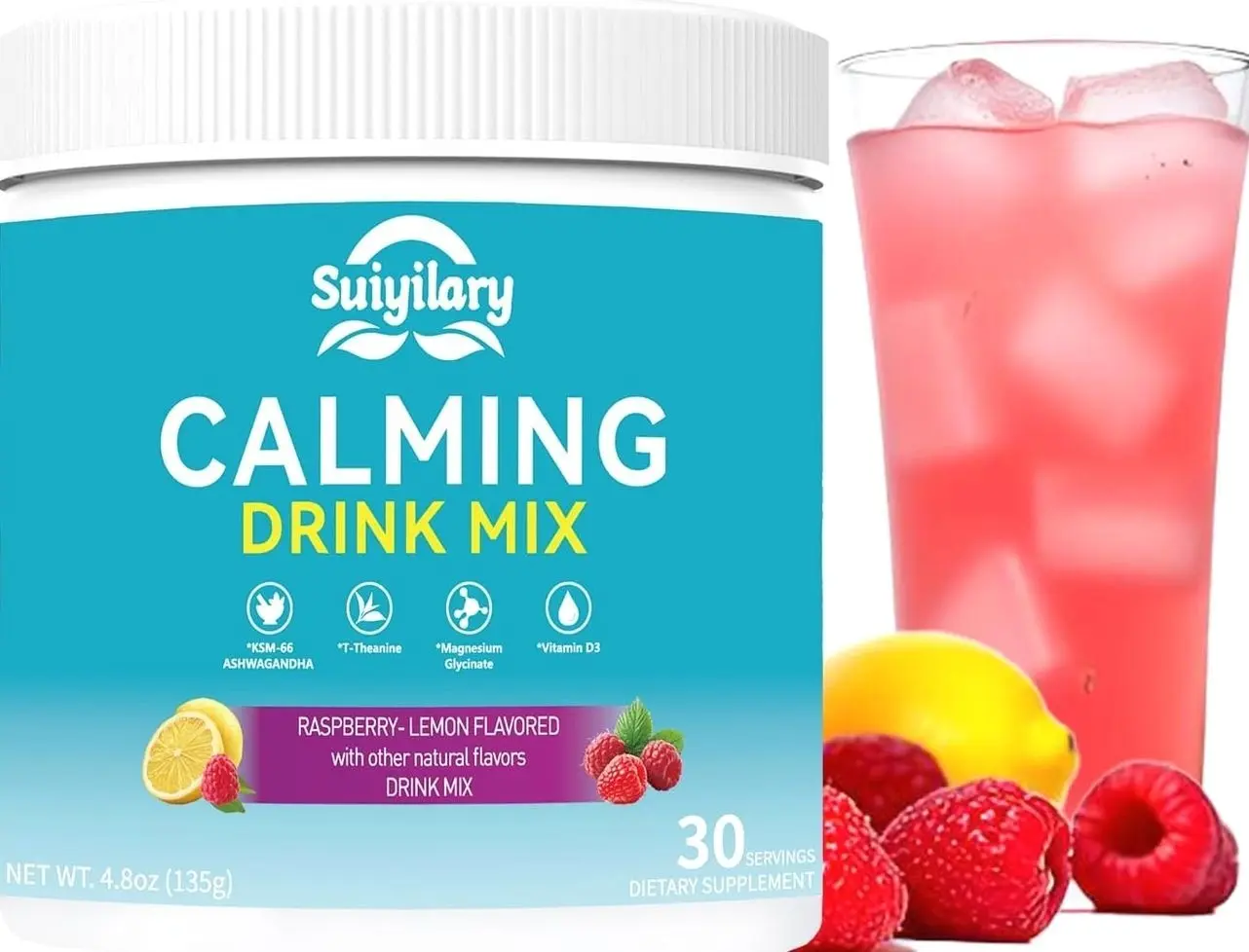 Calm Magnesium Powder, Cortisol Supplements Drink Mix No Sugar for L-Theanine, KSM66 Ashwagandha, Magnesium Glycinate, Vitamin D3, Relaxation, Focus, Raspberry Lemonad, 30 Servings