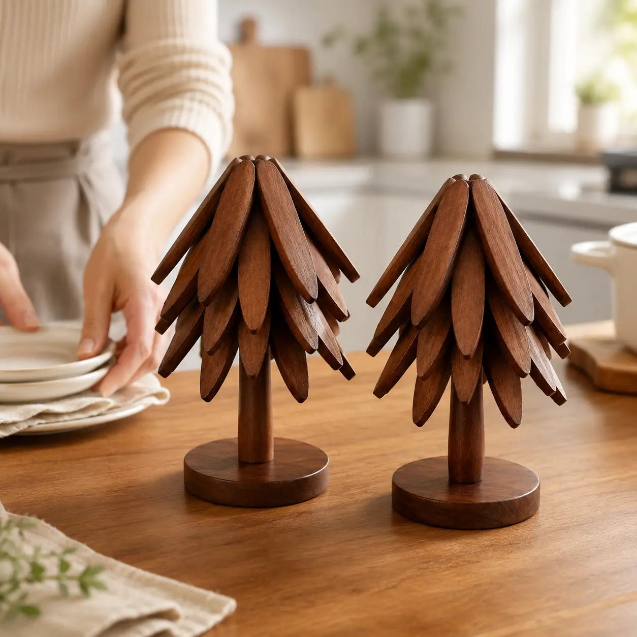 New Wooden Coasters Set for Hot Dishes - Christmas Tree Design! Foldable Home Kitchen Decor for Pots, Bowls, Cups & Hot Pots Kitchenware