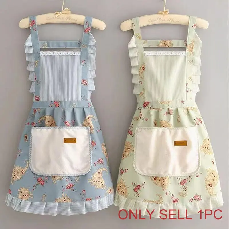 YYT1 Floral Print Apron with Pocket, 1 Count Cute Sleeveless Apron, Aprons with Pockets, Portable Home Apron Cooking, Cleaning, Gardening, Household Apron Women, Flower, Cute Ruffle Apron
