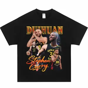 Women's Stephen Curry Multi-Pose Print Vintage Acid-Washed Oversized Short-Sleeve T-Shirt - Heavyweight Cotton Casual Sports Warriors Gradient Unisex Streetwear Top