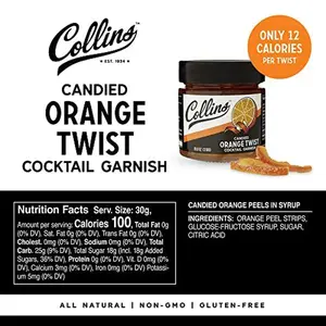 Collins Candied Fruit Orange Peel Twist in Syrup - Popular Cocktail Garnish for Skinny Margarita, Martini, Mojito, Old Fashioned Drinks, Peel for Baking, 10oz